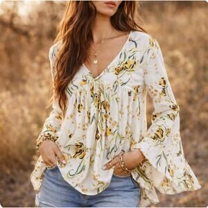 Free People XS Bella Porcelain Tunic Top White & Yellow Floral Boho Baby Doll